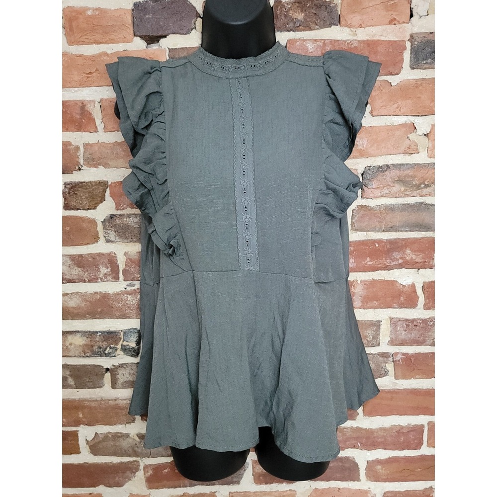 Savanna Jane Mock Neck Ruffle Sleeve Eyelet Trim‎ Top Medium Green
